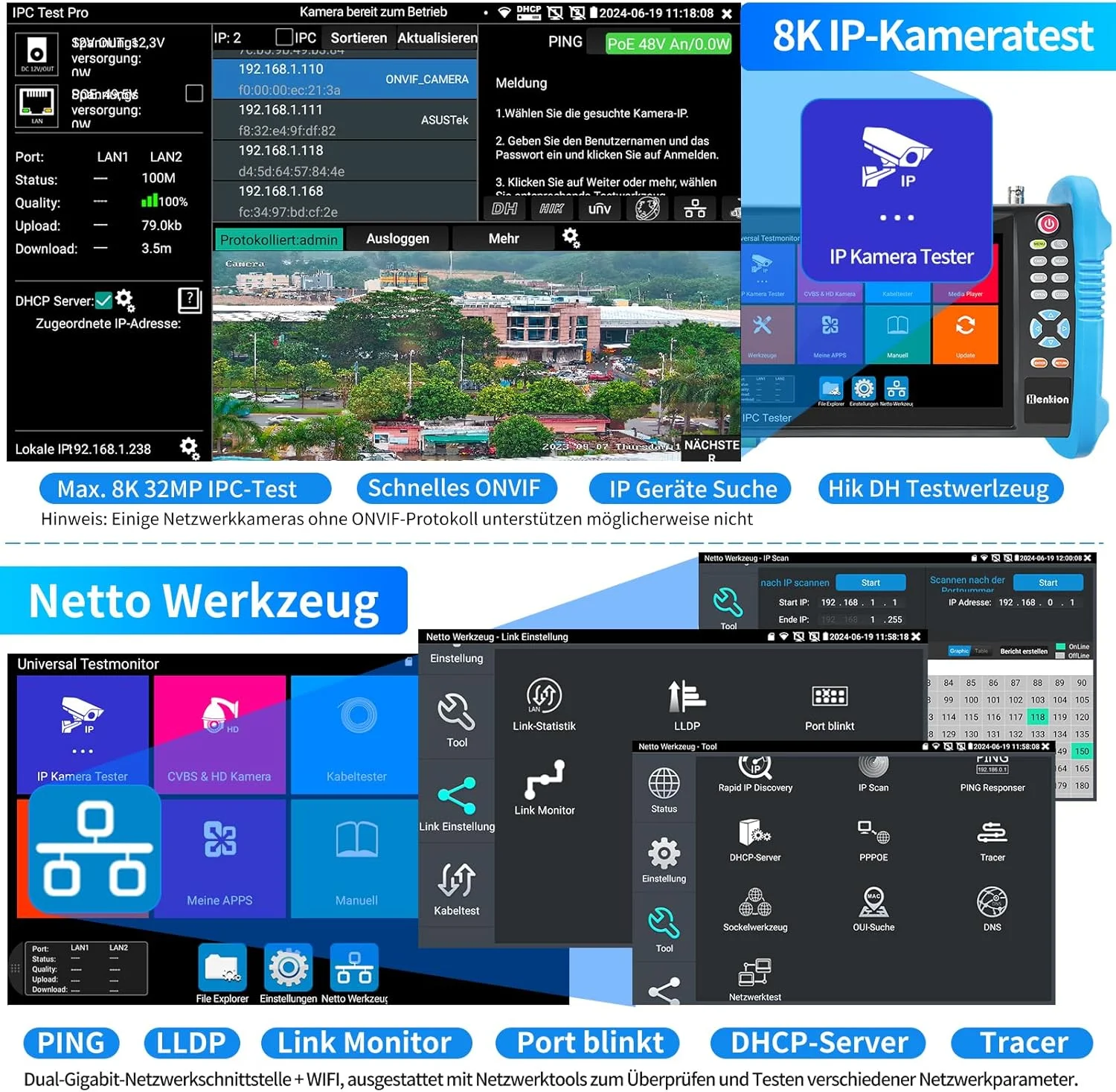 ابزار تست Henkion 7" IPS Touch IPC-9800ADHS Pro دوربین مداربسته، پشتیبانی از 8K و 4K 8MP HD-TVI CVI AHD SDI IP، تستر کابل شبکه، پشتیبانی از POE HDMI VGA WiFi RS485