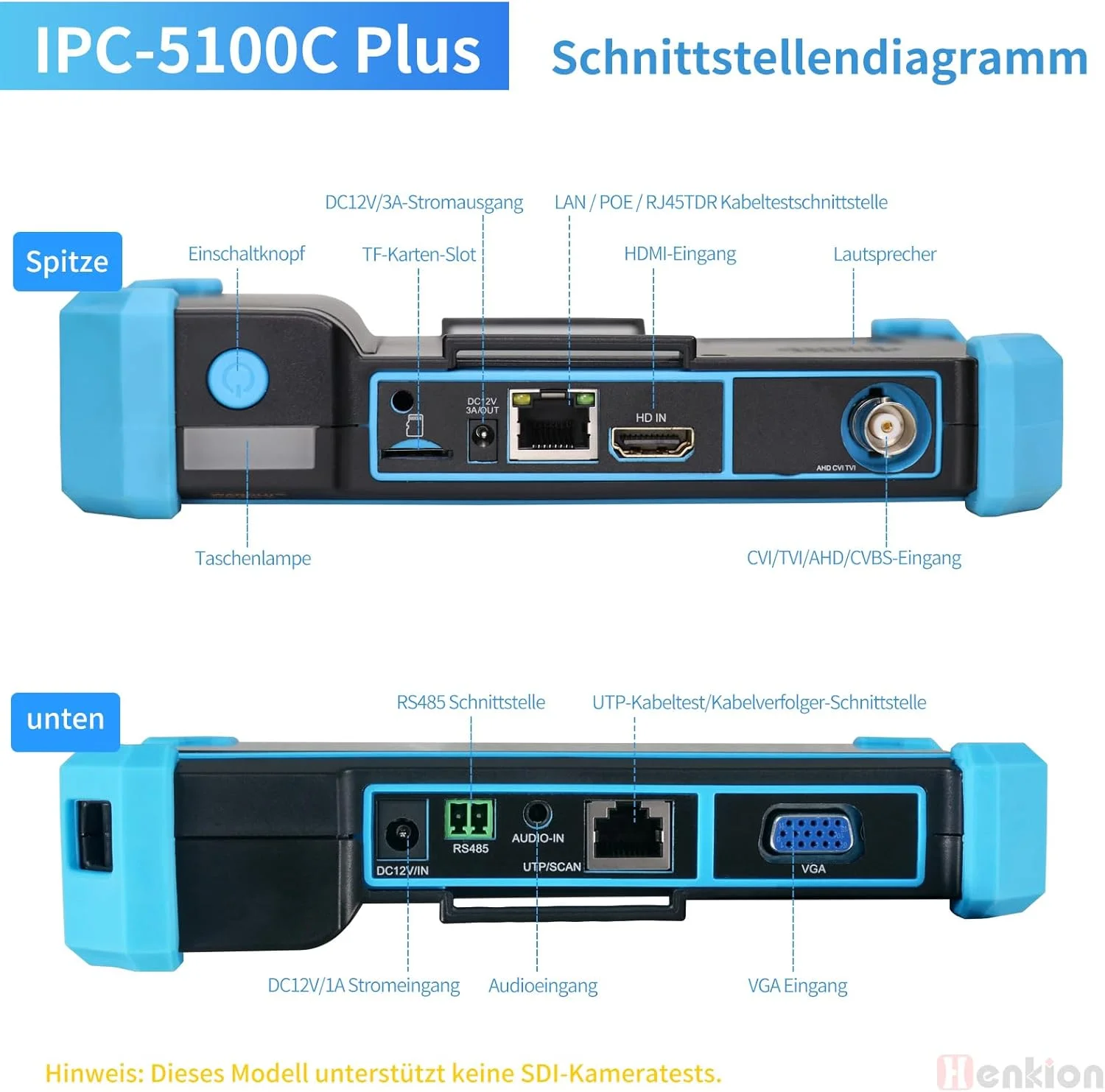 تستر دوربین مداربسته 5.4 اینچی Henkion IPC-5100C Plus - پشتیبانی از دوربین های IP با رزولوشن 4K 8MP AHD CVI TVI CVBS، ردیاب کابل، پشتیبانی از POE PTZ HDMI VGA WiFi RS485 RJ45