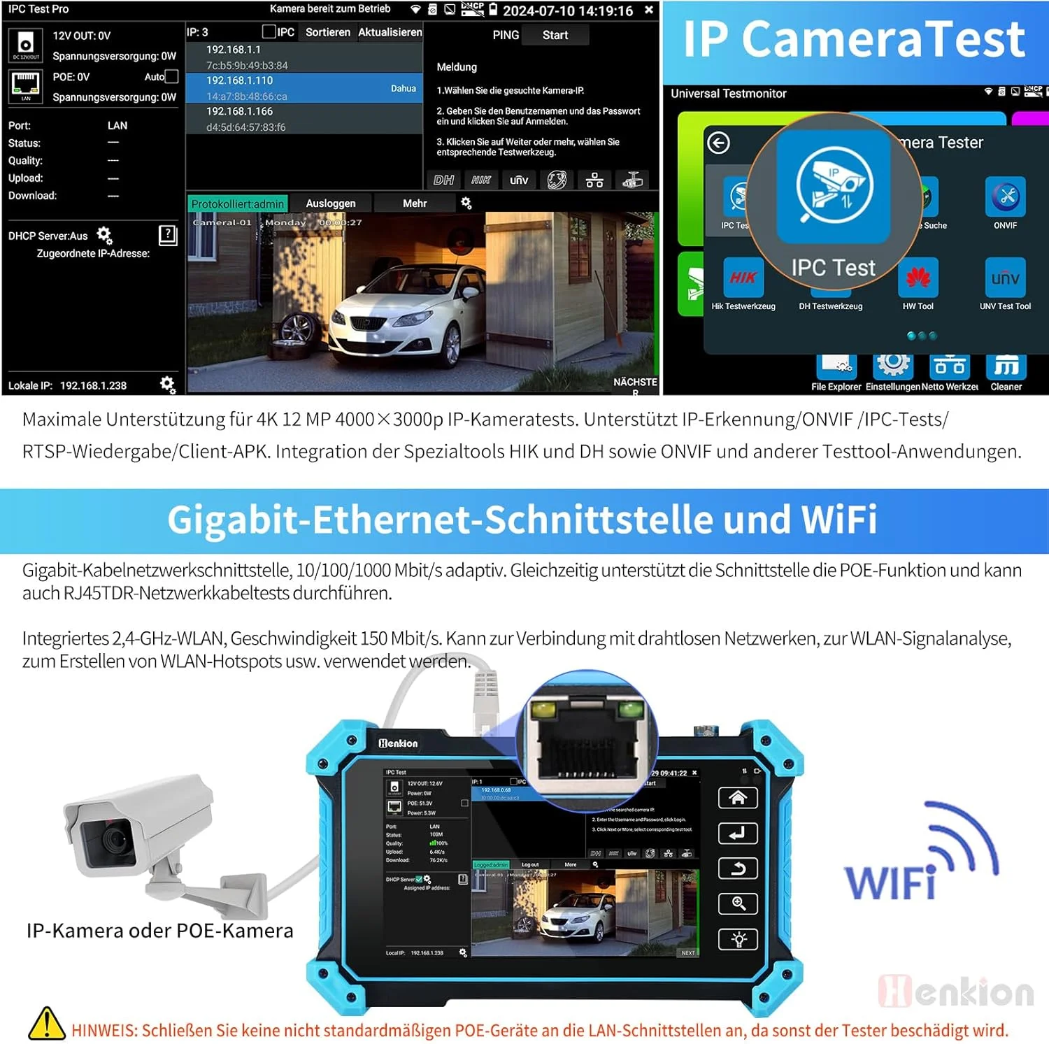 تستر دوربین مداربسته 5.4 اینچی Henkion IPC-5100C Plus - پشتیبانی از دوربین های IP با رزولوشن 4K 8MP AHD CVI TVI CVBS، ردیاب کابل، پشتیبانی از POE PTZ HDMI VGA WiFi RS485 RJ45