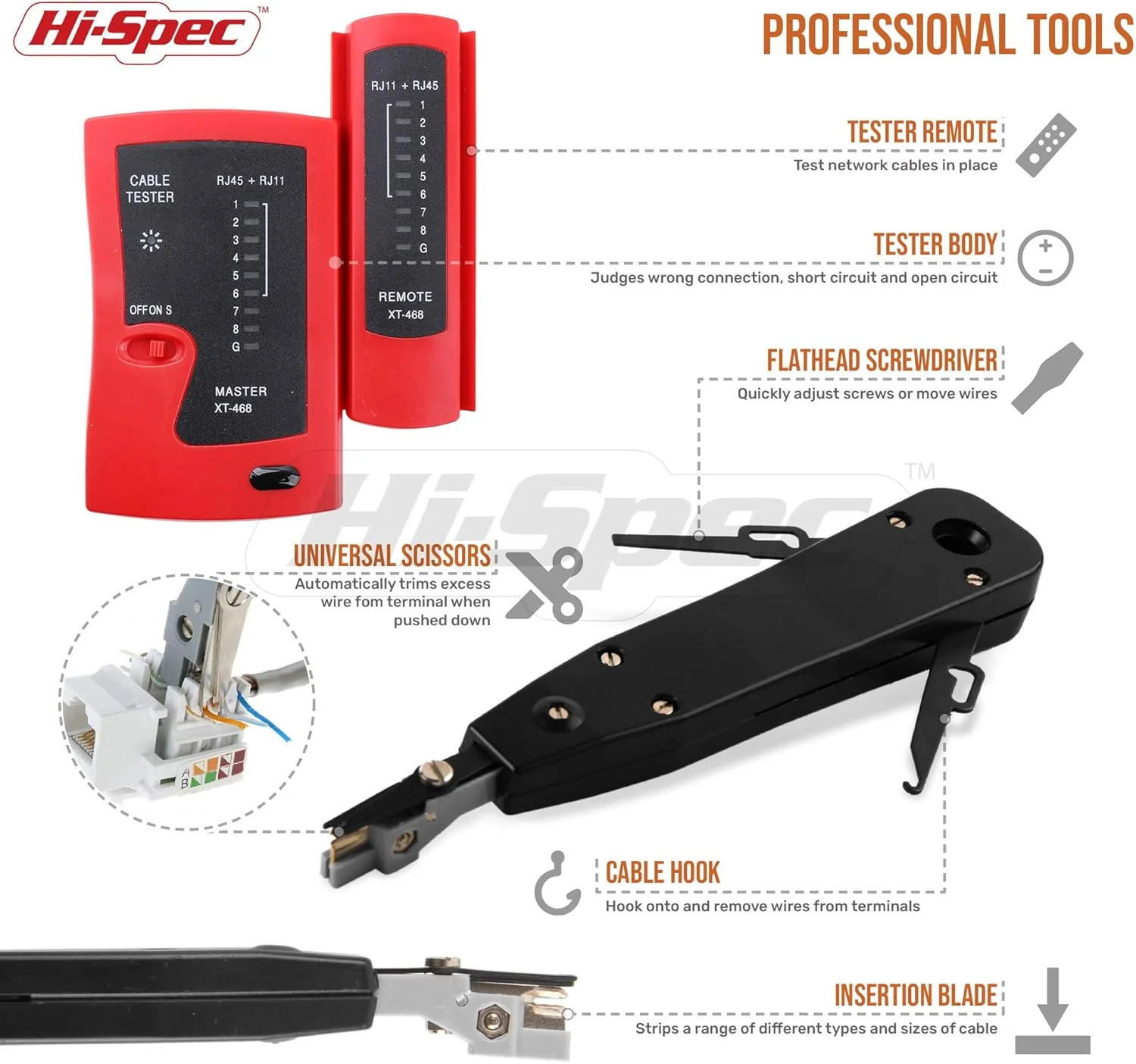 مجموعه ابزار 9 عددی تست و تعمیر کابل شبکه Hi-Spec. جعبه تست پیوستگی LED از راه دور، پیچ گوشتی، سیم چین و لخت کن، پرس و ابزار پانچ کرون در یک کیف زیپی