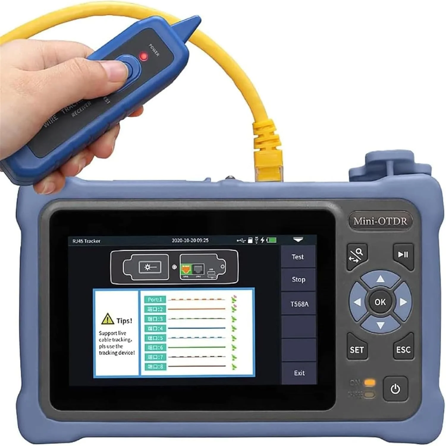 تستر فیبر نوری قابل حمل، تستر کابل شبکه، تستر کابل فیبر نوری با صفحه لمسی 4.3 اینچی، 11 در 1 OTDR SM با VFL OPM OLS Event Map RJ45، شامل کانکتورهای FC/UPC SC ST LC UPC