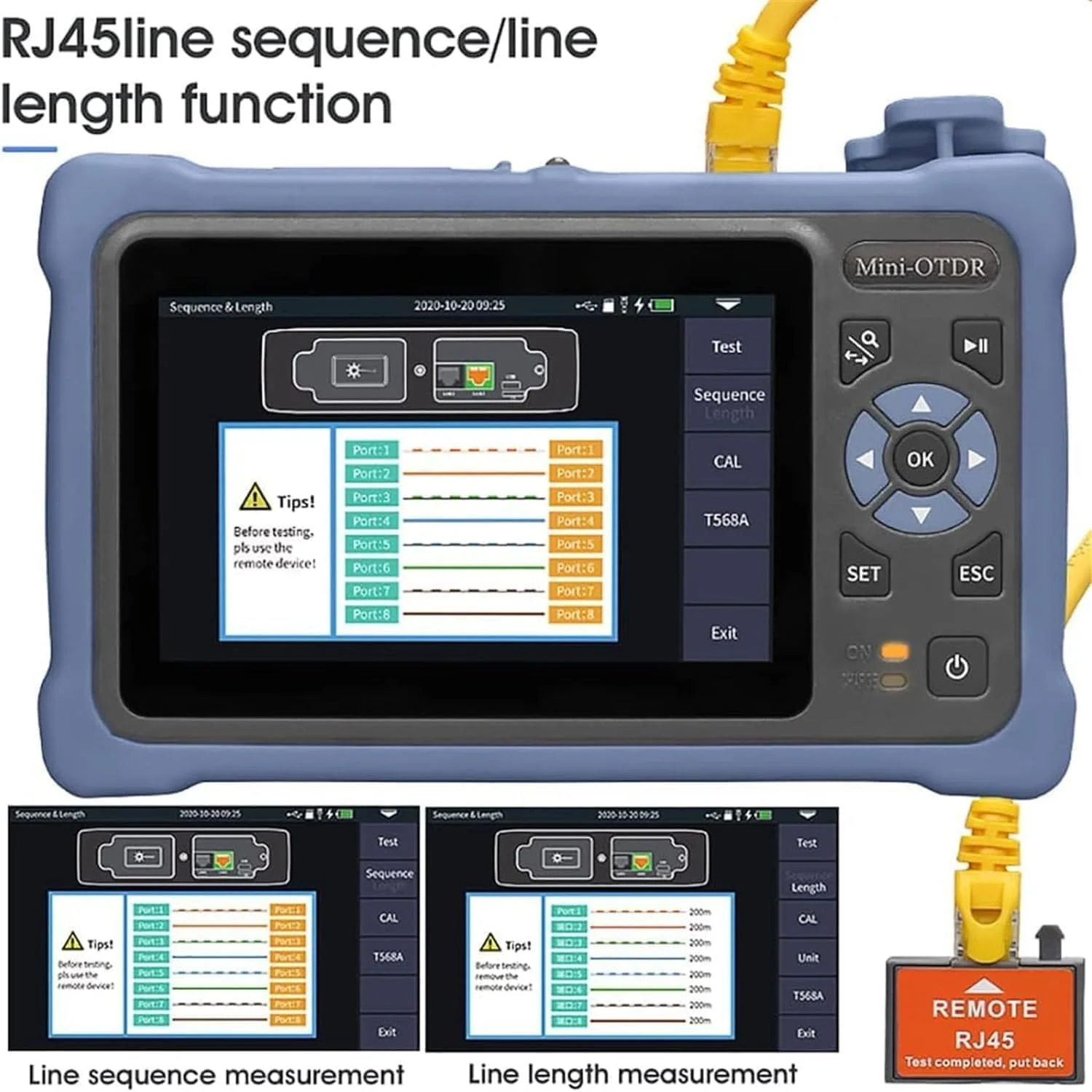 تستر فیبر نوری قابل حمل، تستر کابل شبکه، تستر کابل فیبر نوری با صفحه لمسی 4.3 اینچی، 11 در 1 OTDR SM با VFL OPM OLS Event Map RJ45، شامل کانکتورهای FC/UPC SC ST LC UPC