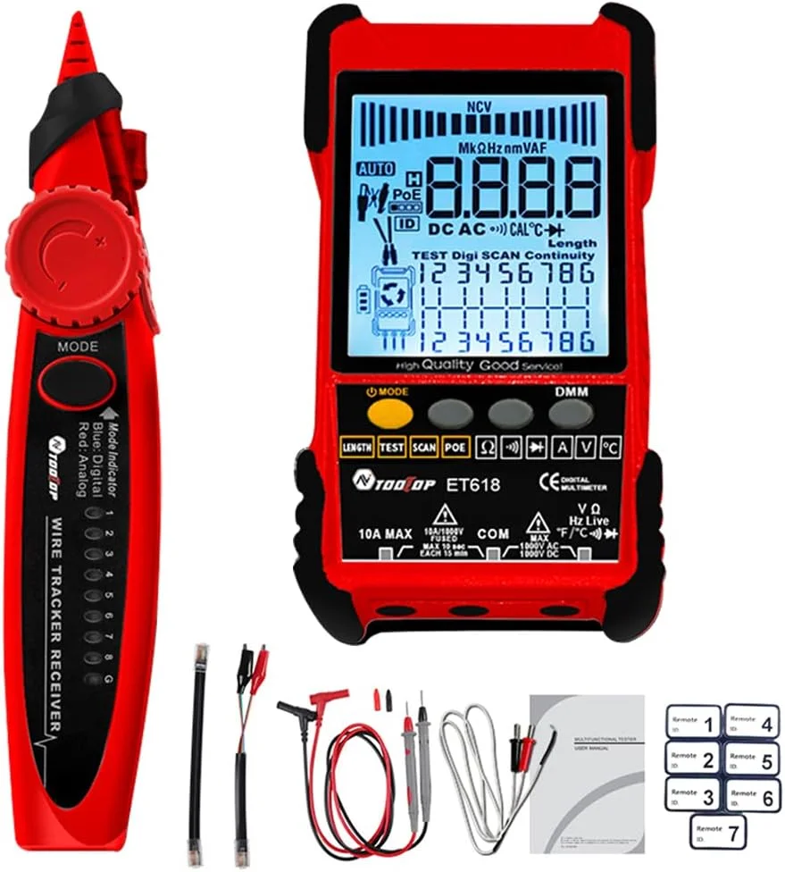 تستر کابل شبکه قابل حمل 2 در 1 با صفحه نمایش LCD دارای نور پس زمینه، جستجوی آنالوگ و دیجیتال، تست POE و جفت یابی کابل با حساسیت بالا