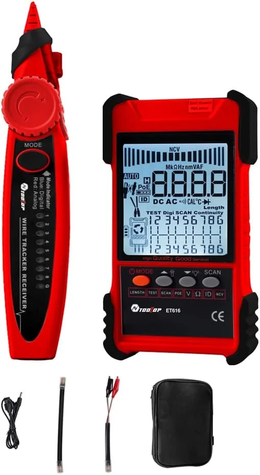 تستر کابل قابل حمل ET616 با صفحه نمایش LCD، جستجوی آنالوگ و دیجیتال، تست POE، جفت یابی کابل، حساسیت قابل تنظیم، اندازه گیری طول کابل شبکه، ردیاب اتصال کوتاه و مدار باز