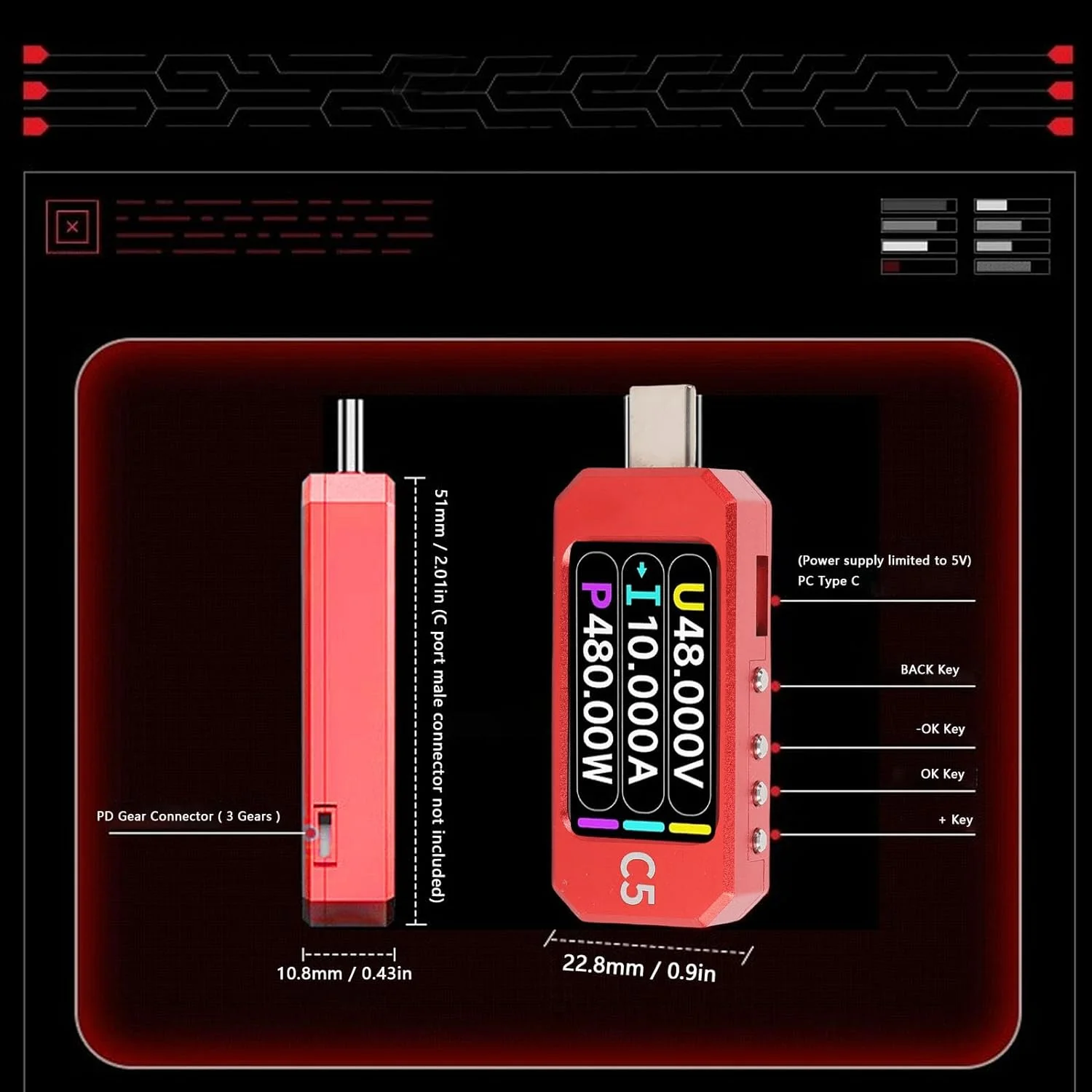 تستر Type C با صفحه نمایش رنگی IPS LCD 1.47 اینچی با رزولوشن 320x172، عملکرد چند وظیفه‌ای قدرتمند، تشخیص هوشمند کابل، ساخته شده از آلیاژ آلومینیوم برای نظارت آسان