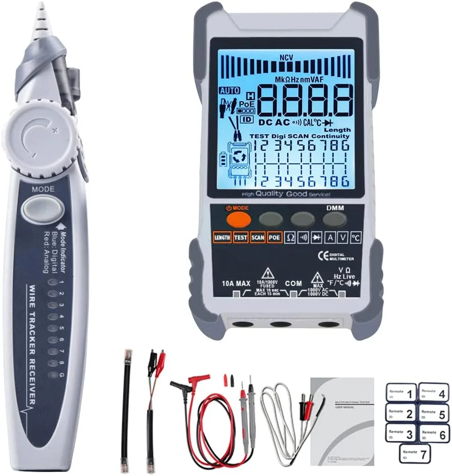 تستر کابل شبکه قابل حمل JIANGMEI مدل 2in1 با صفحه نمایش LCD دارای نور پس زمینه، جستجوی دیجیتال آنالوگ، تست POE، جفت یابی کابل، حساسیت قابل تنظیم، طول کابل شبکه، اتصال کوتاه و مدار باز