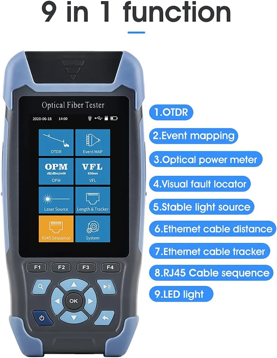 مینی OTDR فیبر نوری رفلکتومتر، OTDR فیبر نوری آشکارساز موانع کابل با 9 عملکرد VFL OLS OPM، 22/24dB برای کابل فیبر 64 کیلومتری تستر اترنت