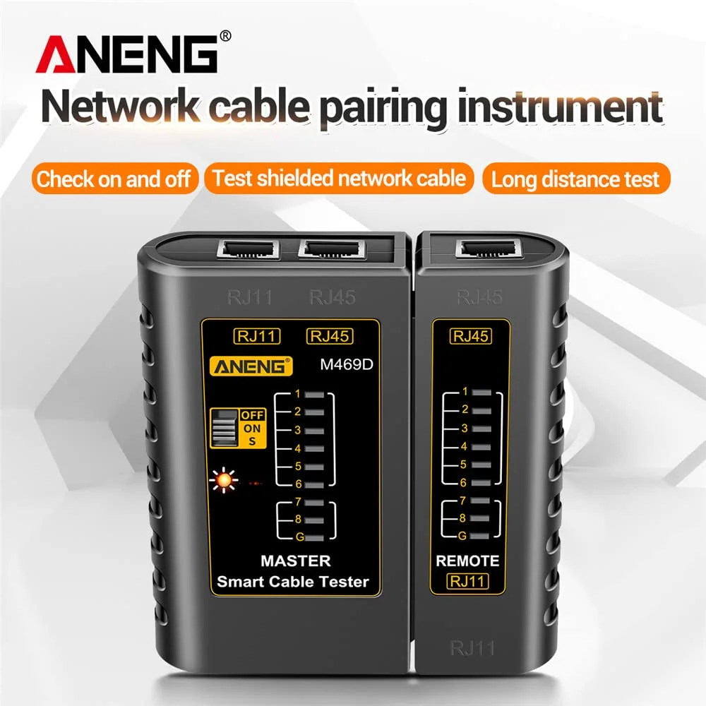 دستگاه تست کابل شبکه Joleritc M469D برای خطوط تلفن RJ11 RJ45 با نشانگر LED، بررسی روشن/خاموش، کابل شبکه محافظ دار و تست از راه دور