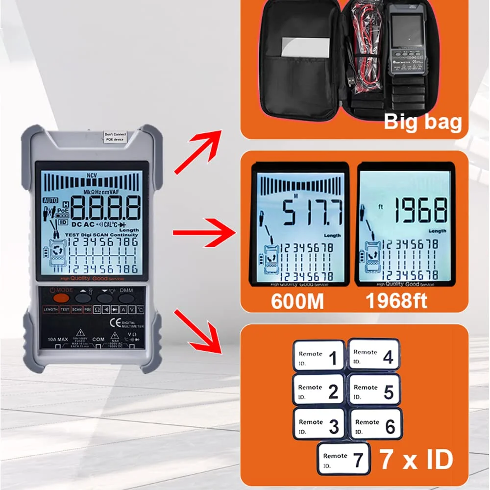 تستر کابل شبکه 2 در 1 قابل حمل Joleritc با صفحه نمایش LCD دارای نور پس زمینه، جستجوی آنالوگ و دیجیتال، تست POE، جفت یابی کابل، حساسیت قابل تنظیم، طول کابل شبکه، اتصال کوتاه و مدار باز