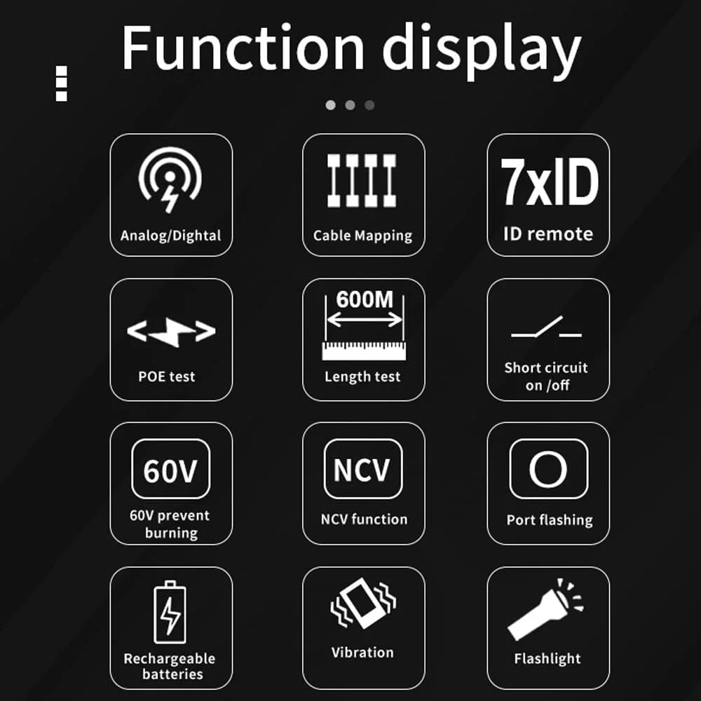 تستر کابل شبکه 2 در 1 دستی Joleritc با صفحه نمایش LCD دارای نور پس زمینه، جستجوی آنالوگ دیجیتال، تست POE، جفت یابی کابل، تنظیم حساسیت، طول کابل شبکه، اتصال کوتاه و مدار باز