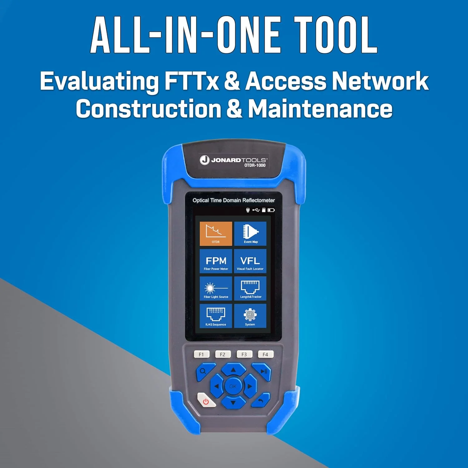 دستگاه OTDR چند منظوره Jonard Tools OTDR-1000 به همراه OTDR، نقشه رویداد، پاور متر، منبع نور، VFL، تستر کابل شبکه و موارد دیگر