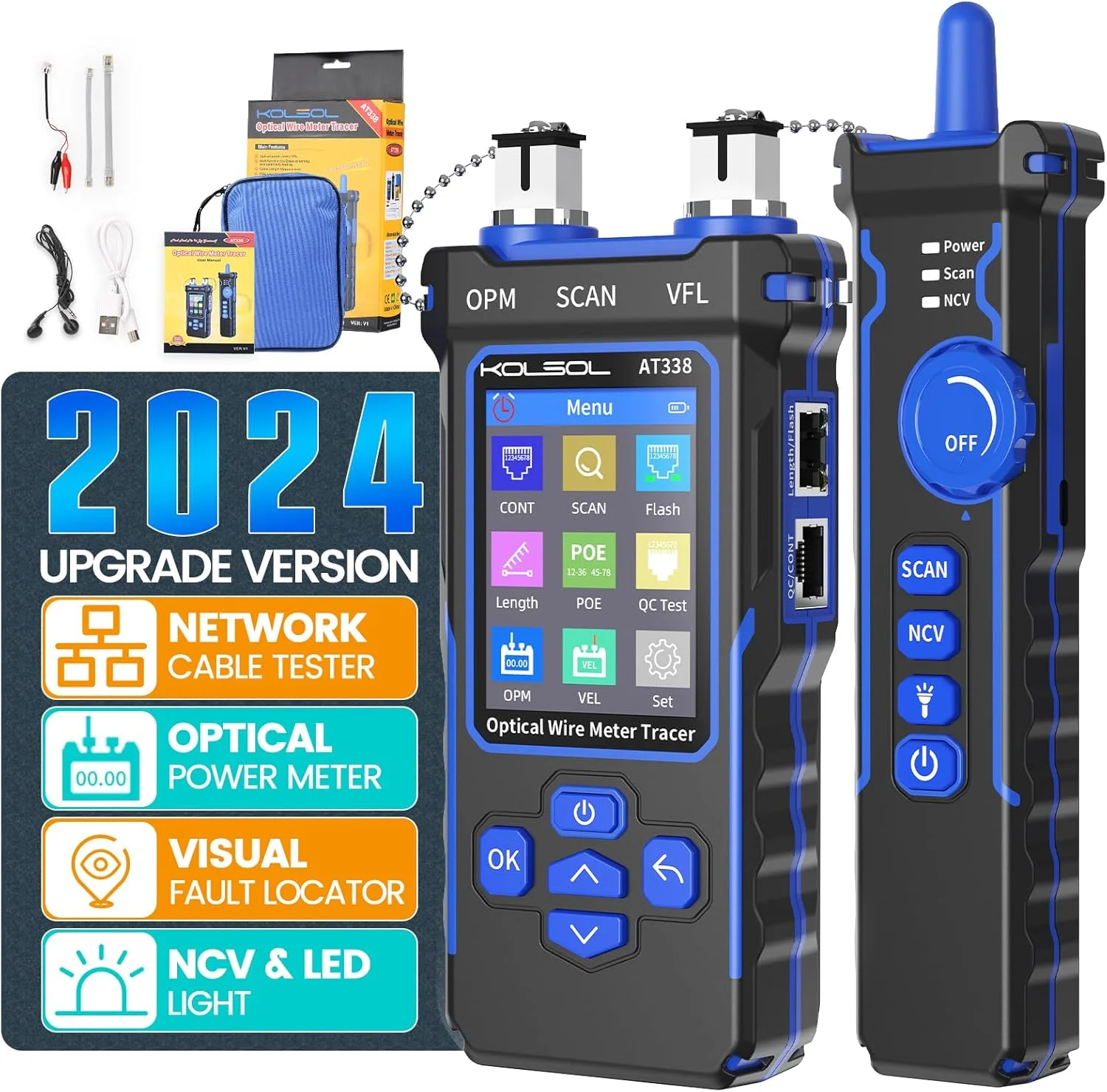 تستر کابل شبکه با توان‌سنج نوری 7 طول موج، تستر اترنت CAT5 CAT6 با ردیاب بصری عیب یابی 10 میلی‌وات، ردیاب سیم PoE باتری لیتیومی RJ11 RJ45 با NCV و چراغ LED (آبی)
