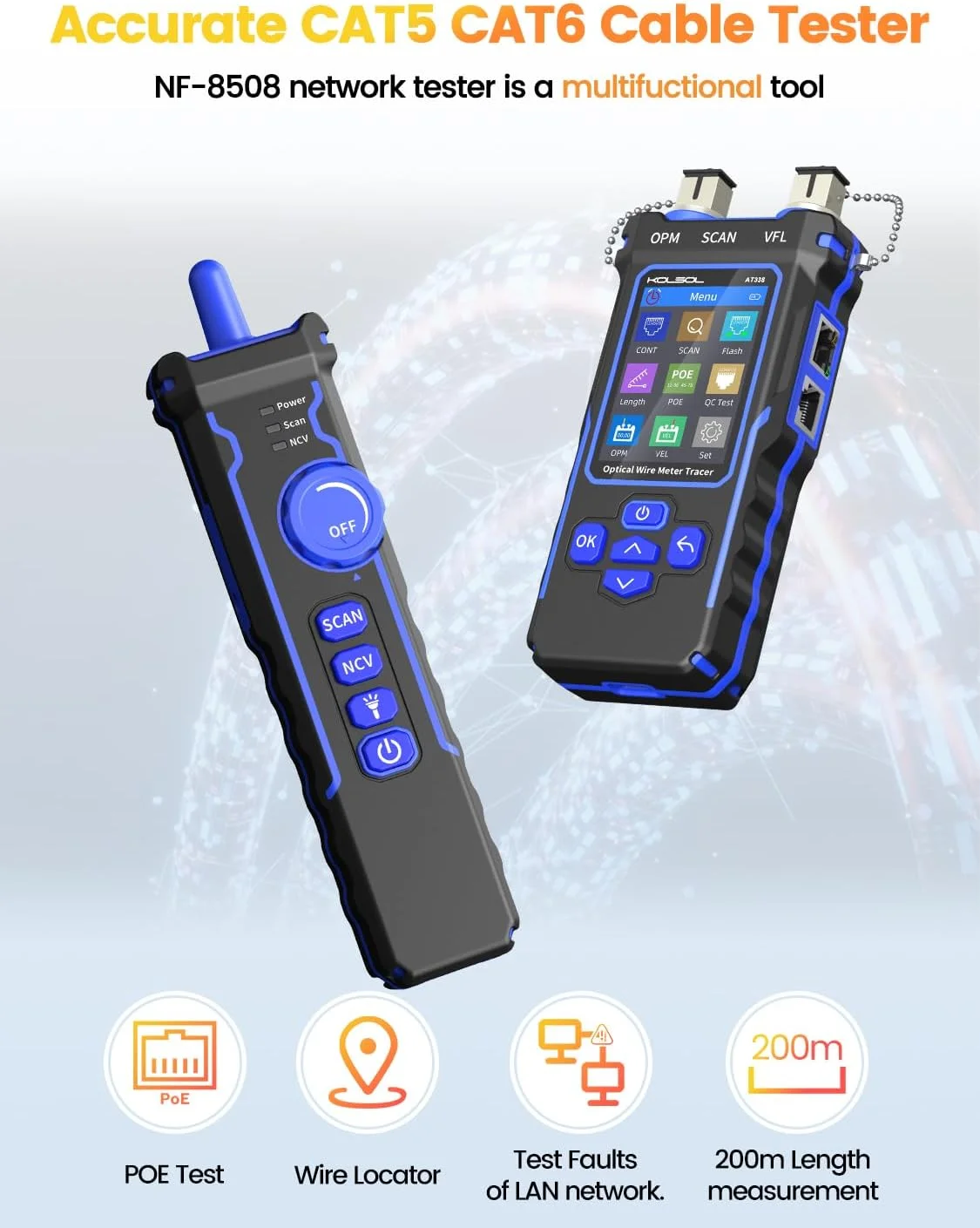 تستر کابل شبکه با توان‌سنج نوری 7 طول موج، تستر اترنت CAT5 CAT6 با ردیاب بصری عیب یابی 10 میلی‌وات، ردیاب سیم PoE باتری لیتیومی RJ11 RJ45 با NCV و چراغ LED (آبی)