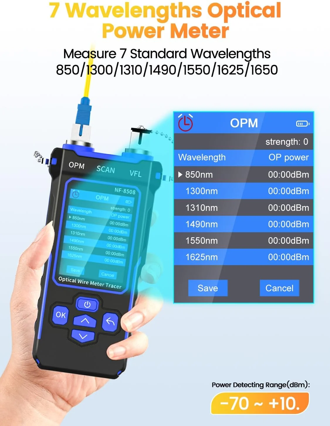 تستر کابل شبکه با توان‌سنج نوری 7 طول موج، تستر اترنت CAT5 CAT6 با ردیاب بصری عیب یابی 10 میلی‌وات، ردیاب سیم PoE باتری لیتیومی RJ11 RJ45 با NCV و چراغ LED (آبی)