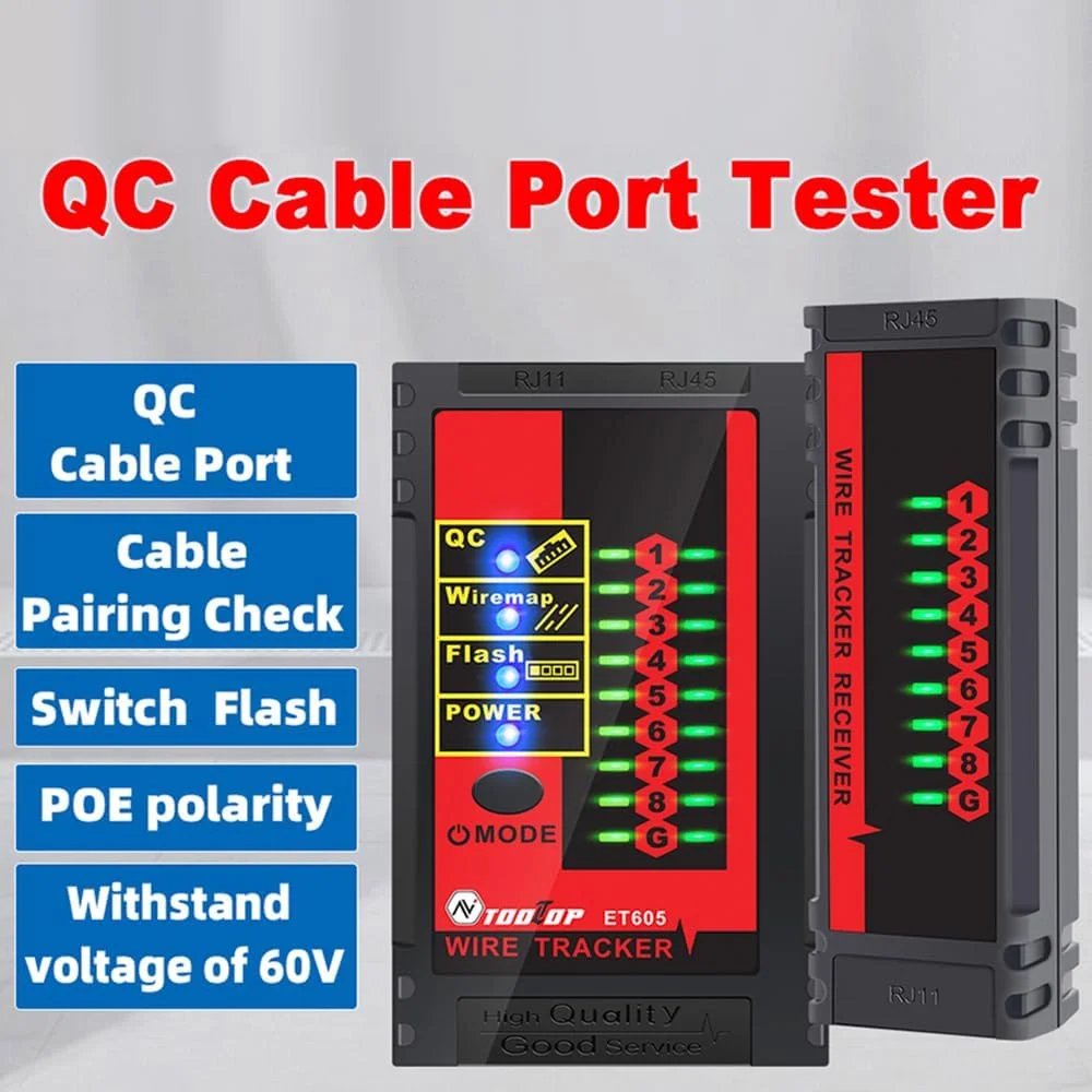 تستر پورت کابل Labymos ET605، بررسی زوج سیم، فلش سوئیچ، تشخیص پلاریته POE، تحمل ولتاژ 60 ولت با نشانگر کم بودن باتری و عملکردهای خاموش شدن خودکار