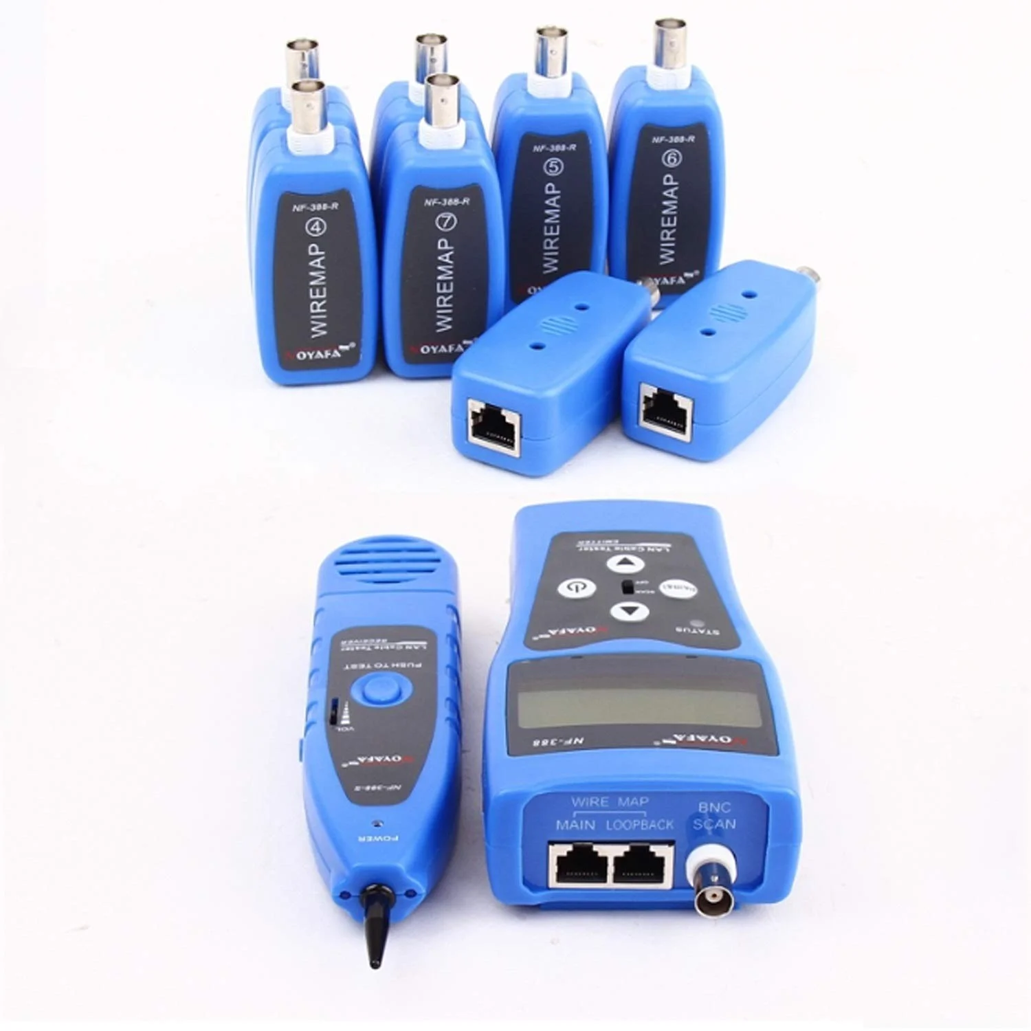 تستر کابل شبکه چند منظوره لاکیکا مدل NF-388 با قابلیت ردیابی کابل، دارای پورت RJ45 و RJ11 و صفحه نمایش LCD