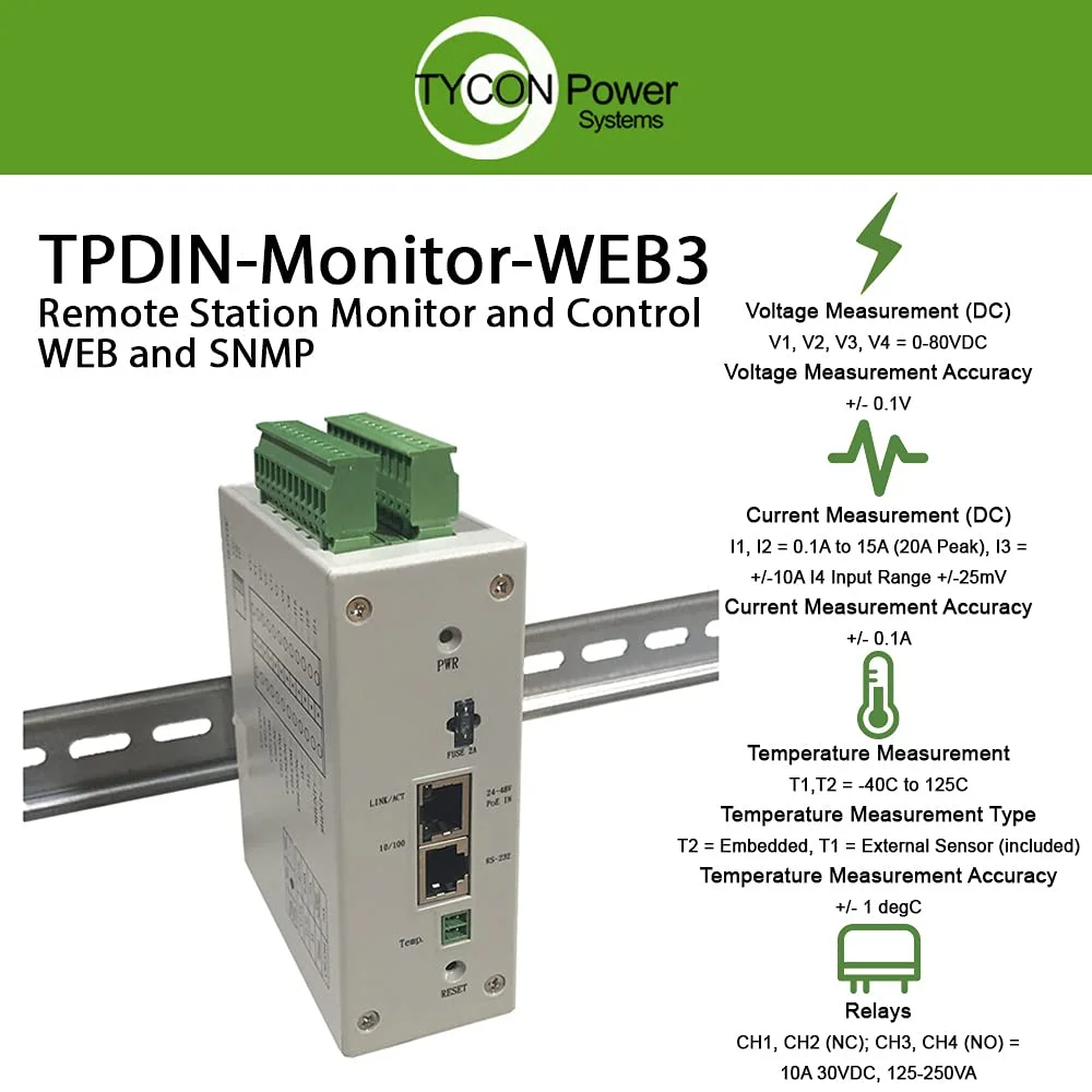 سیستم مانیتور و کنترل از راه دور Tycon Power Systems TPDIN-Monitor-WEB3 با دسترسی وب و SNMP - ردیابی 4 ولتاژ، 4 جریان، 2 دما و استفاده از 4 رله برای کنترل نیرو