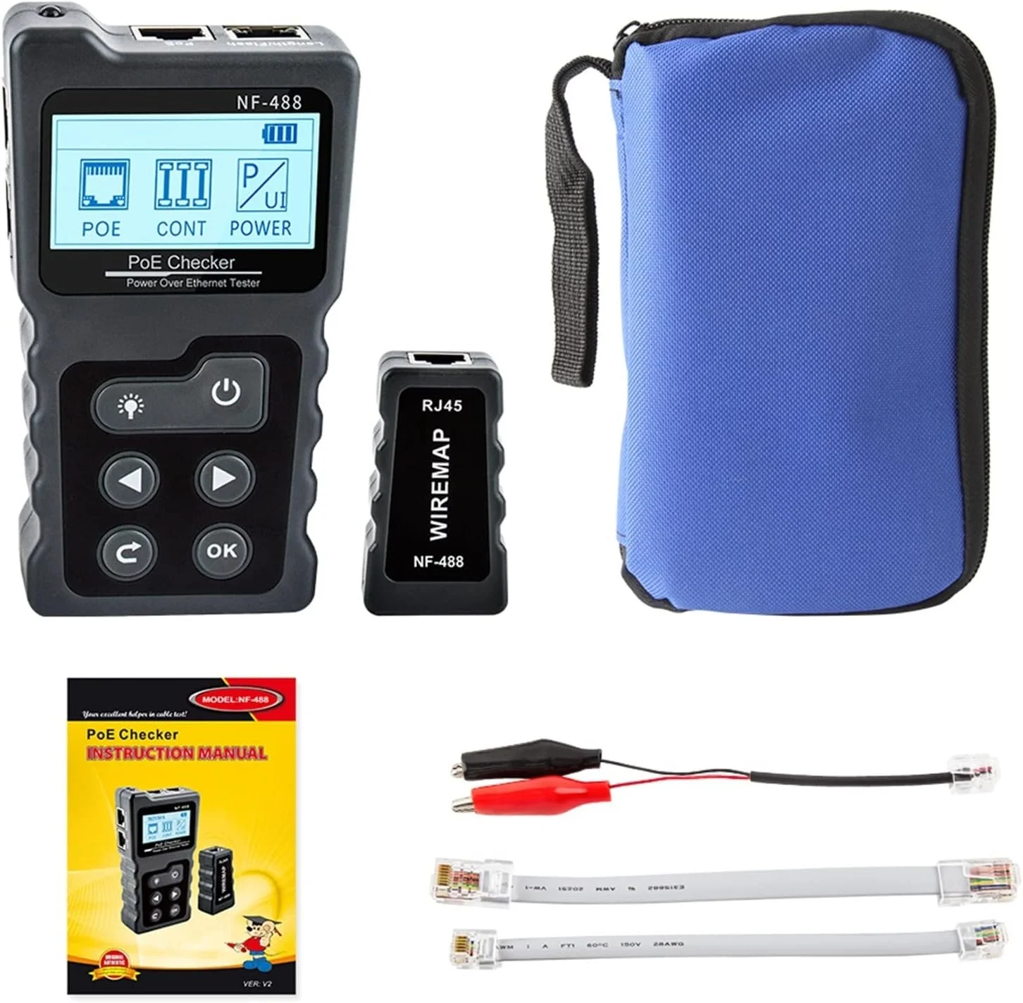 تستر کابل شبکه فیبر نوری LZFuiop، تستر کابل Lan، تستر PoE مدل NF-488، تستر ولتاژ و جریان PoE به صورت خطی به همراه ردیاب کابل اترنت