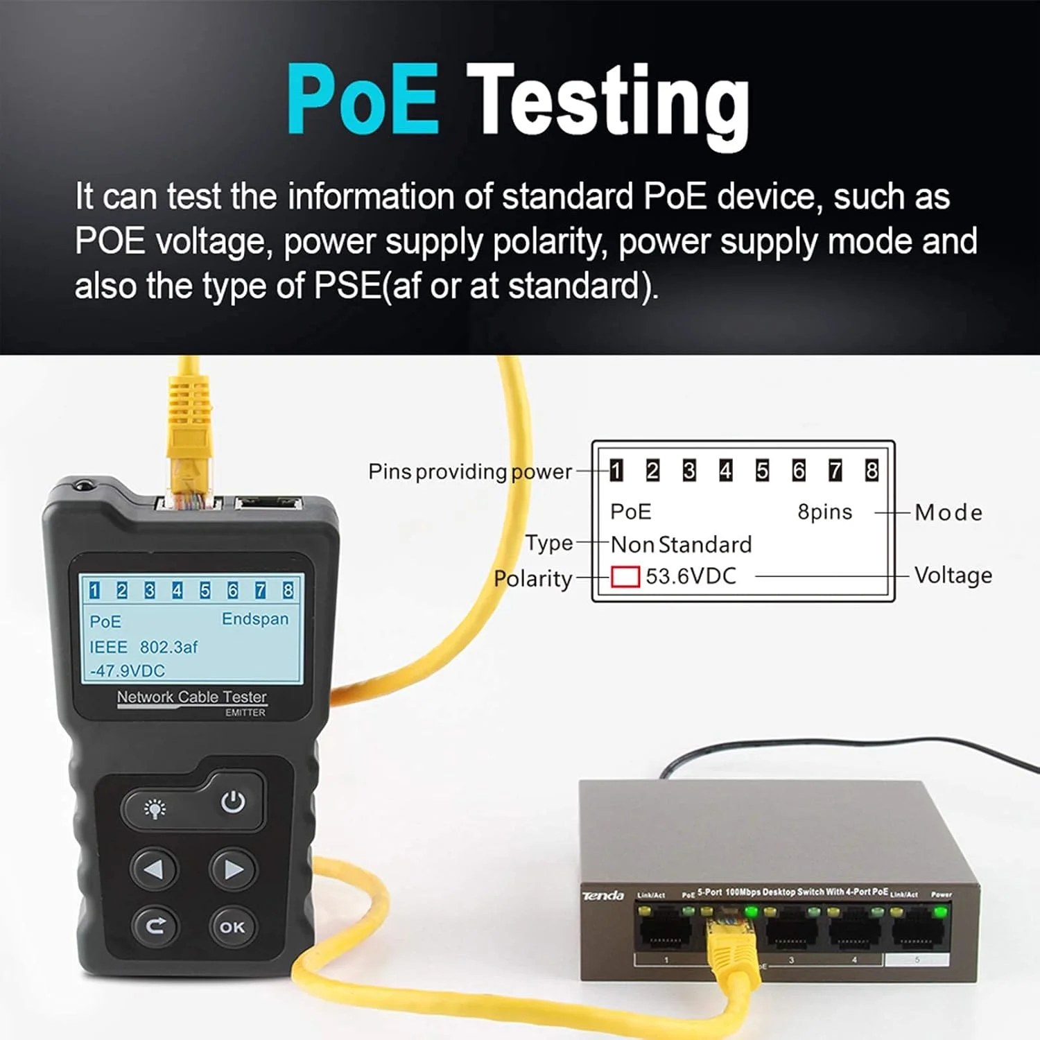 تستر کابل شبکه LZFuiop، ردیاب سیم کابل شبکه دیجیتال اترنت CAT5 CAT6 LAN Poe، نمایشگر LCD، ابزارهای شبکه