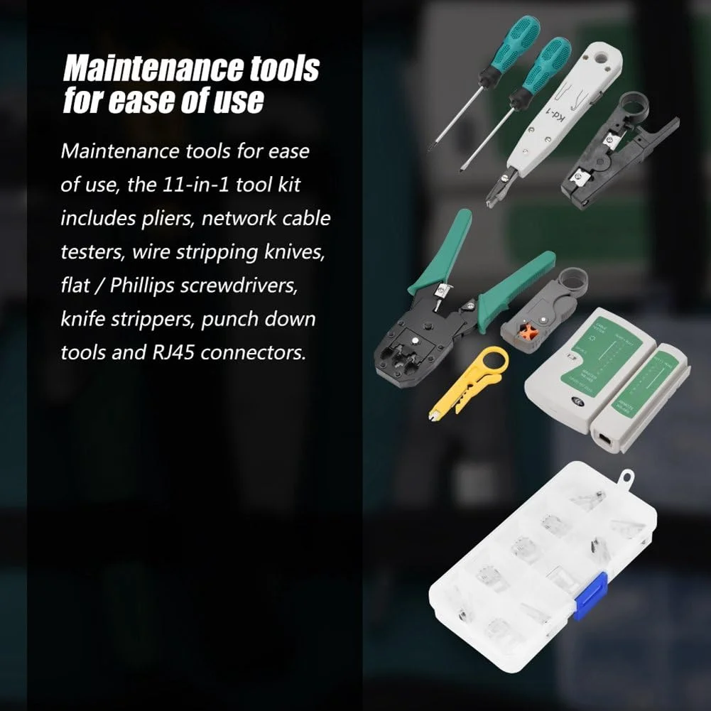 مجموعه ابزار تعمیر و نگهداری کابل شبکه RJ45 RJ11، کیت تست کابل شبکه LAN، مجموعه ابزار 11 تکه شامل آچار پرس، سیم لخت کن و کاتر