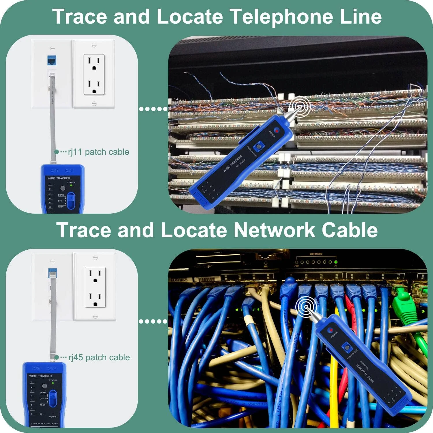 تستر کابل شبکه چند منظوره RJ45 RJ11 ردیاب سیم اترنت کیت ابزار تونر از راه دور با کیف، پروب و تن صدا برای ردیابی LAN CAT5 CAT6، یاب خط تلفن زیرزمینی، بررسی سرعت و تعمیرات خانگی