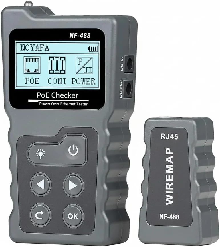 تستر کابل شبکه RJ45، کیت تست چند منظوره کابل اترنت برای CAT5e/CAT6/CAT6a، تستر پیوستگی کابل شبکه، تست توان DC و تست Loop-Back سوئیچ، بررسی کننده Poe، مکان یابی فاصله خطا