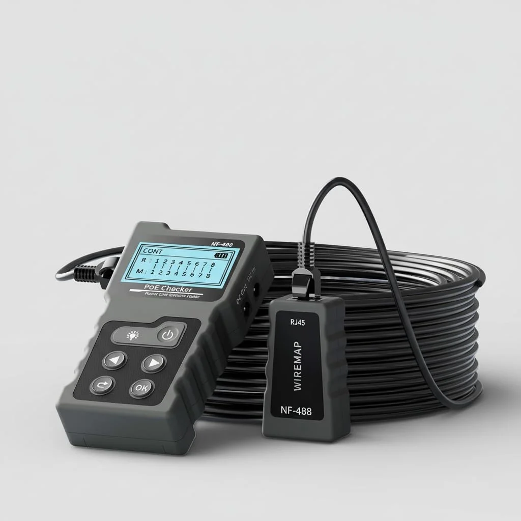 تستر کابل شبکه RJ45، کیت تست چند منظوره کابل اترنت برای CAT5e/CAT6/CAT6a، تستر پیوستگی کابل شبکه، تست توان DC و تست Loop-Back سوئیچ، بررسی کننده Poe، مکان یابی فاصله خطا