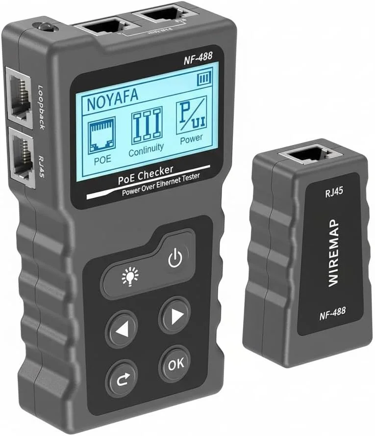 تستر کابل شبکه RJ45، کیت تست چند منظوره کابل اترنت برای CAT5e/CAT6/CAT6a، تستر پیوستگی کابل شبکه، تست توان DC و تست Loop-Back سوئیچ، بررسی کننده Poe، مکان یابی فاصله خطا