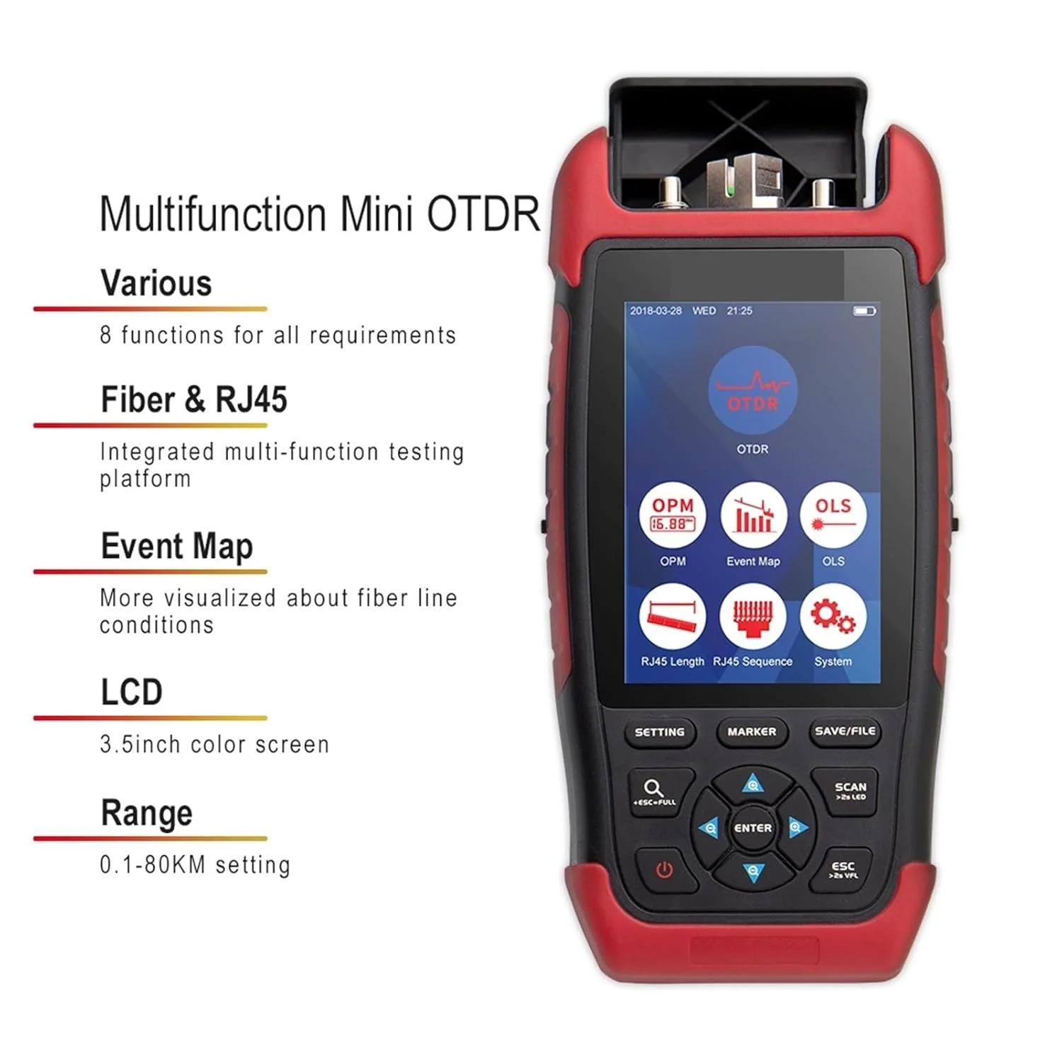 مینی OTDR فیبر نوری رفلکتومتر چند منظوره با 8 عملکرد 22dB VFL OPM OLS نقشه رویداد RJ45 تستر کابل Otdr(1310nm 1550nm(UPC)) مینی OTDR فیبر نوری رفلکتومتر چند منظوره با 8 عملکرد 22dB VFL OPM OLS نقشه رویداد RJ45 تستر کابل Otdr(1310nm 1550nm(UPC))