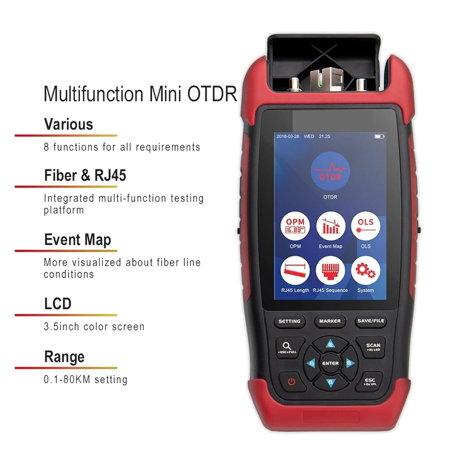 مینی OTDR فیبر نوری رفلکتومتر چند منظوره با 8 عملکرد، 22dB، VFL، OPM، OLS، نقشه رویداد، تستر کابل RJ45، OTDR (1310nm 1550nm(UPC))