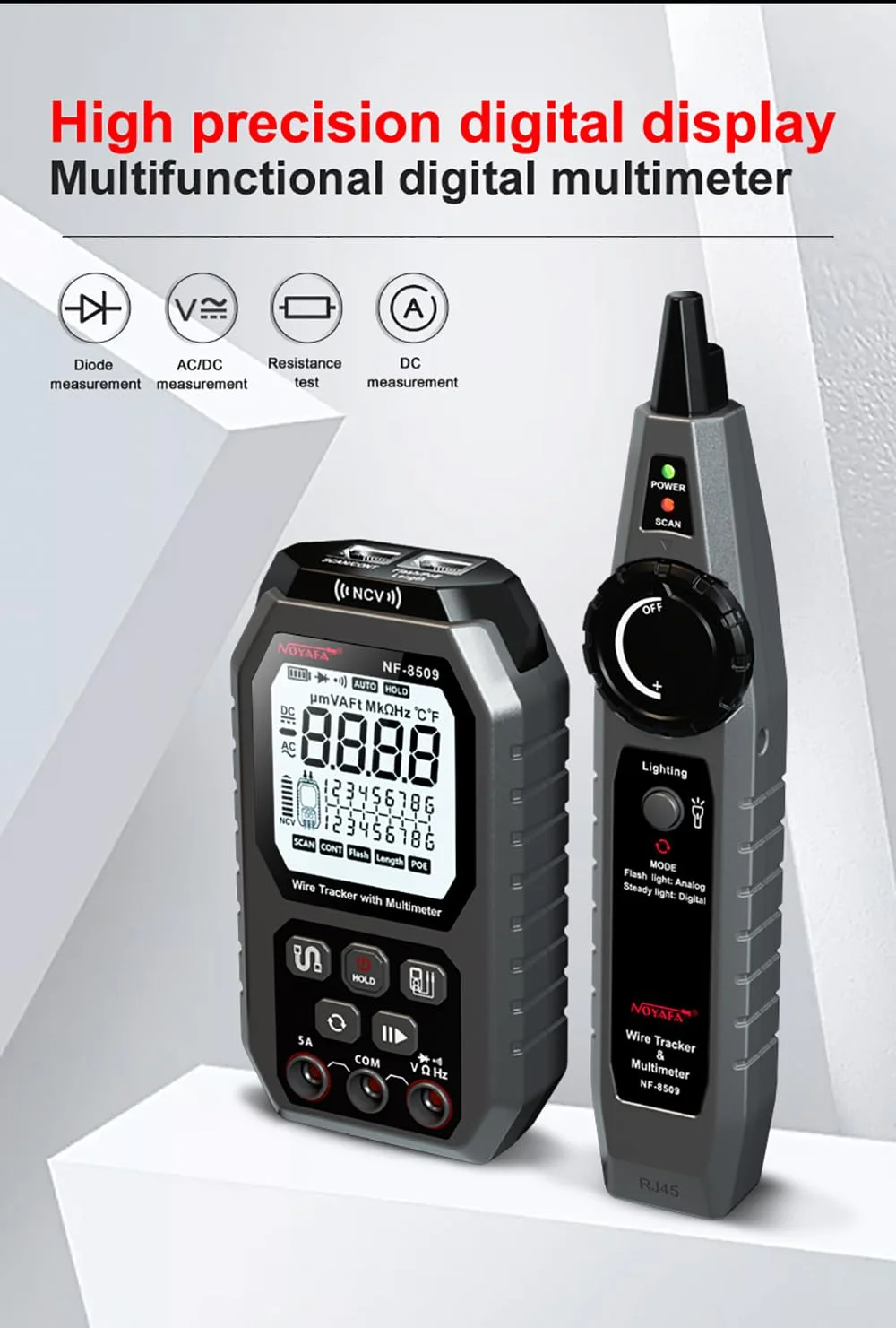 تستر کابل شبکه با مولتی متر، ولت متر AC/DC، ردیابی طول، تست POE، اندازه گیری سریع و دقیق، ابزار کاربردی برای نصاب ها و تکنسین ها