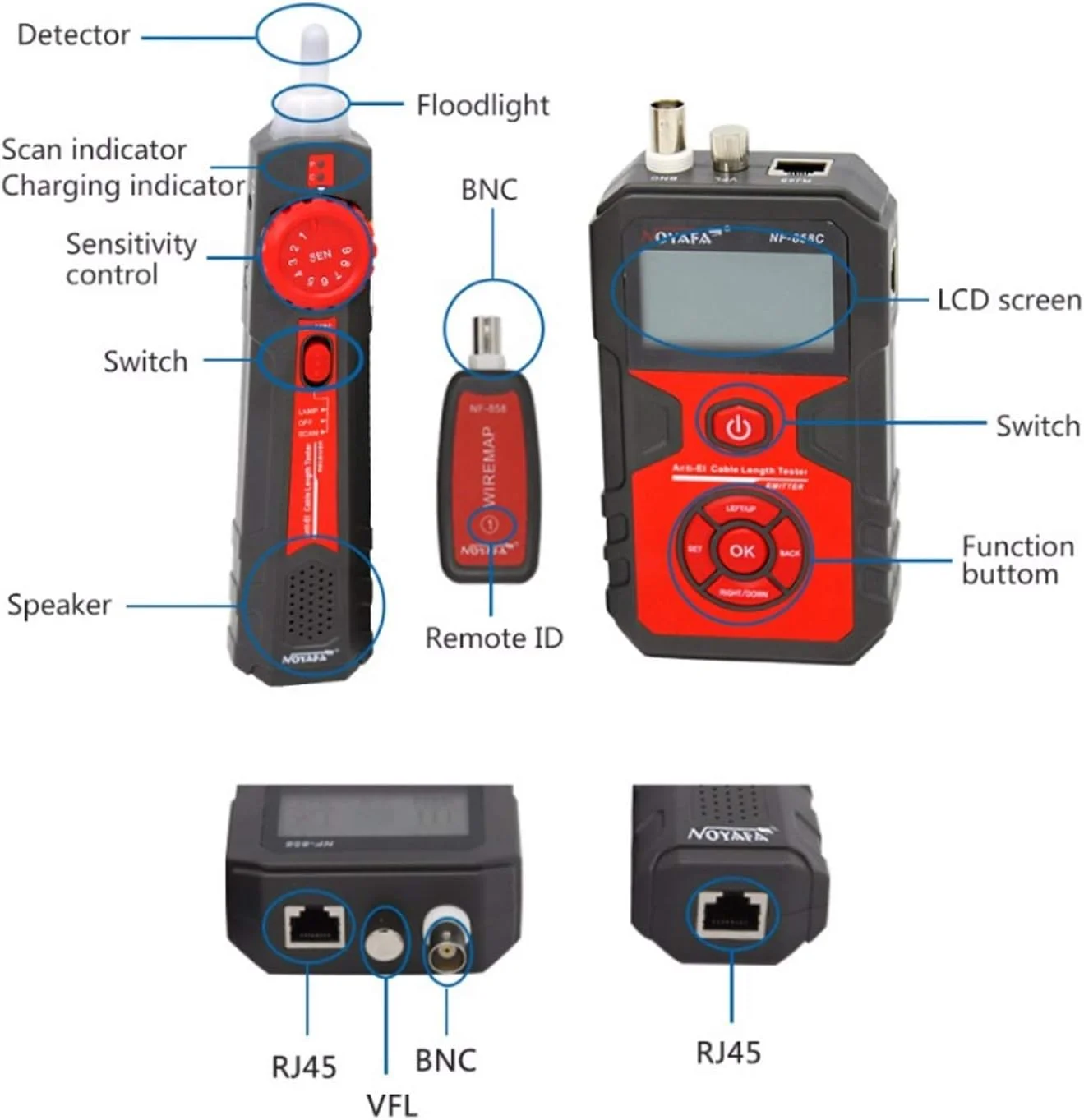تستر دیجیتال، ردیاب سیم و کابل قابل حمل، یابنده کابل، تست کابل شبکه RJ11 RJ45 BNC مدل NOYAFA NF-858C Zeenyi