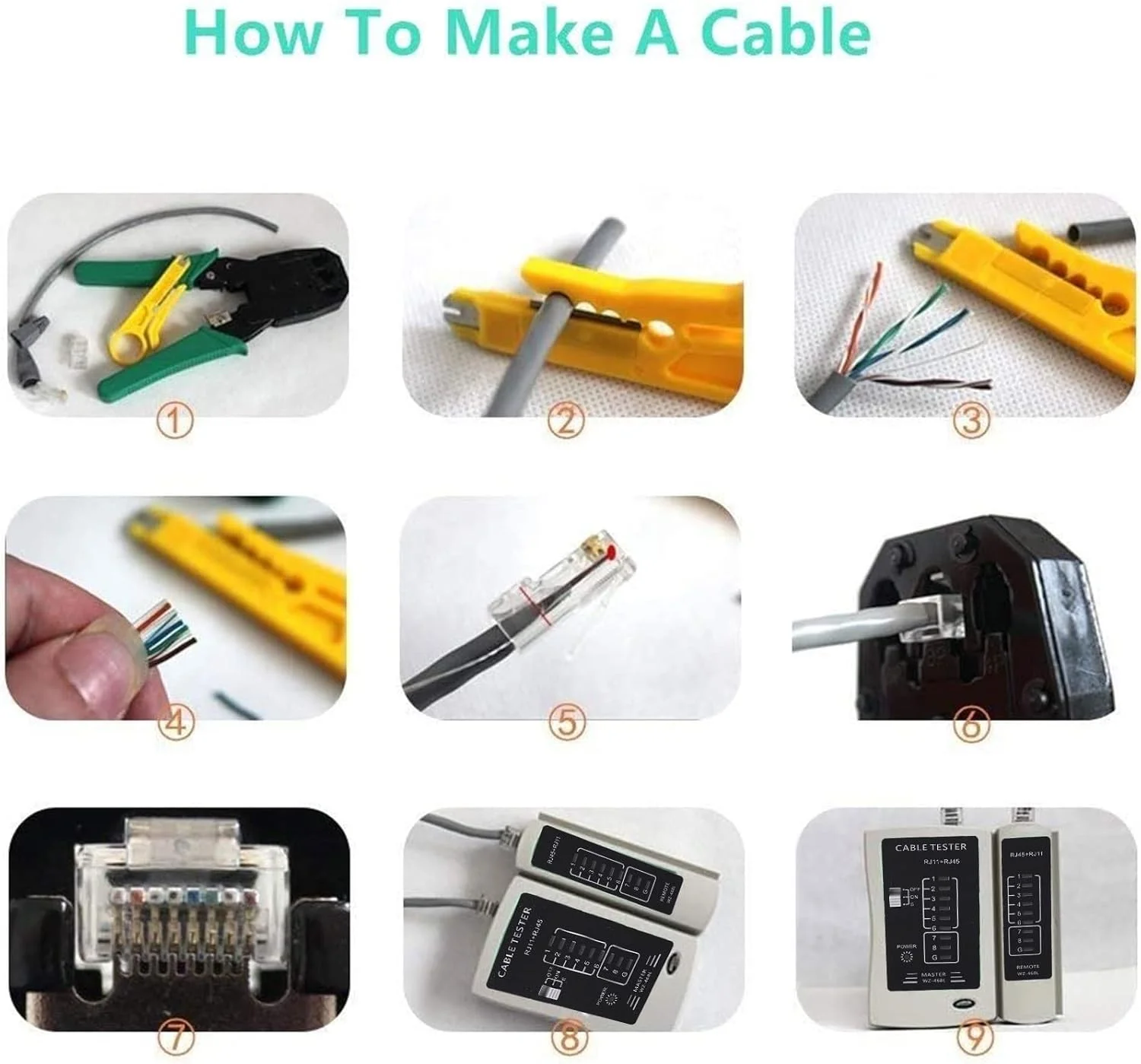 کیت ابزار شبکه برای کانکتور RJ45 RJ11 RJ12، کیت ابزار پرس اترنت قابل حمل 9 در 1، تستر کابل شبکه با کیف نگهداری