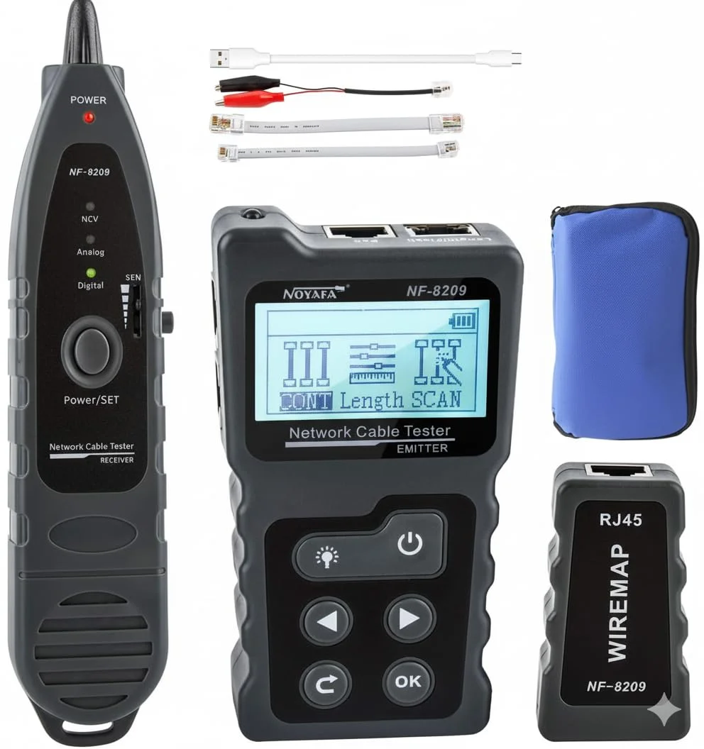 تستر کابل شبکه NF-8209 با قابلیت POE و NCV برای ردیابی کابل CAT5/CAT6، تست طول، کیت تستر شبکه RJ45 برای ردیابی کابل، خط تلفن و تعمیرات خانگی