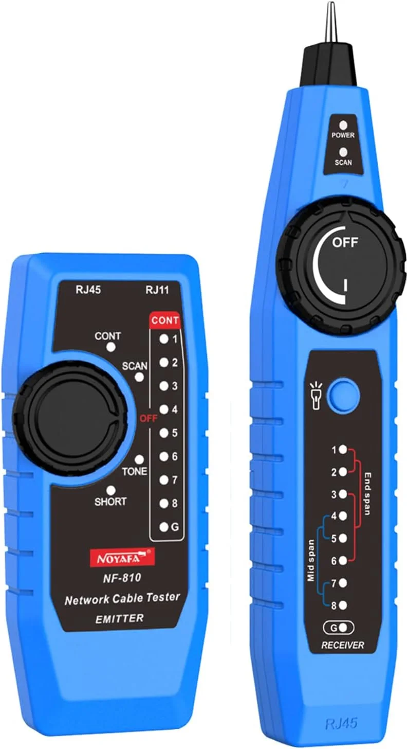 کیت تست کابل شبکه NOYAFA NF-810 برای کابل های RJ11 RJ45 CAT5 CAT6 LAN، ردیاب سیم چند منظوره، نقشه سیم، PoE، تست TEL، یاب خط با چراغ LED، گوشی و کیف ابزار