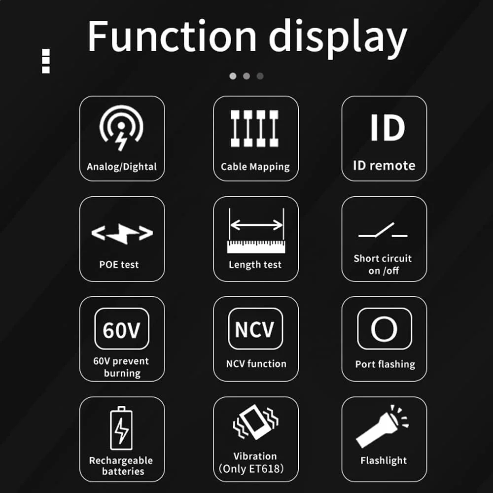 تستر کابل شبکه ET618، تستر کابل قابل حمل دستی با صفحه نمایش LCD، جستجوی دیجیتال آنالوگ، تست POE، جفت یابی کابل، حساسیت قابل تنظیم، اندازه گیری طول کابل شبکه، مدار کوتاه و مدار باز