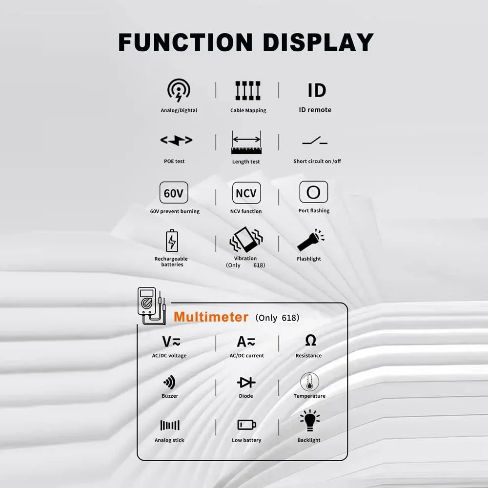 تستر کابل شبکه ET618، تستر کابل شبکه قابل حمل دستی با صفحه نمایش LCD، جستجوی دیجیتال آنالوگ، تست POE، جفت یابی کابل، حساسیت قابل تنظیم، اندازه گیری طول کابل شبکه، اتصال کوتاه و مدار باز