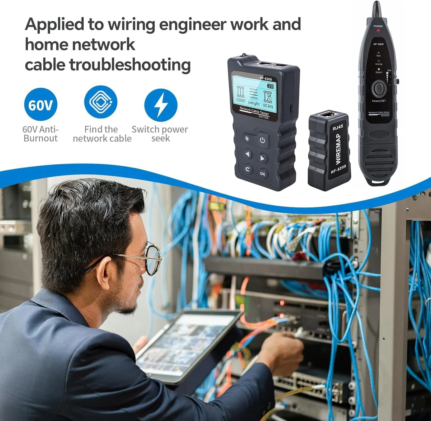 تستر کابل شبکه، ردیاب سیم چند منظوره CAT5e CAT6 تستر چند منظوره لامپ برای ردیابی خط تلفن زیرزمینی تعمیرات منزل