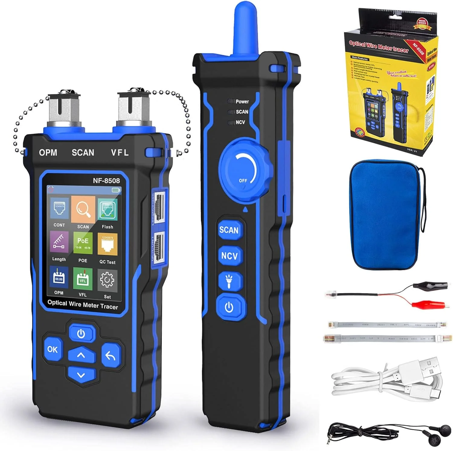 تستر کابل شبکه با توان سنج نوری، ردیاب سیم چند منظوره LCD با PoE، ردیاب کابل اترنت با NCV، پورت فلش برای کابل LAN RJ11 RJ45 تونر Cat5 Cat6 با پشتیبانی از شارژ Type-C