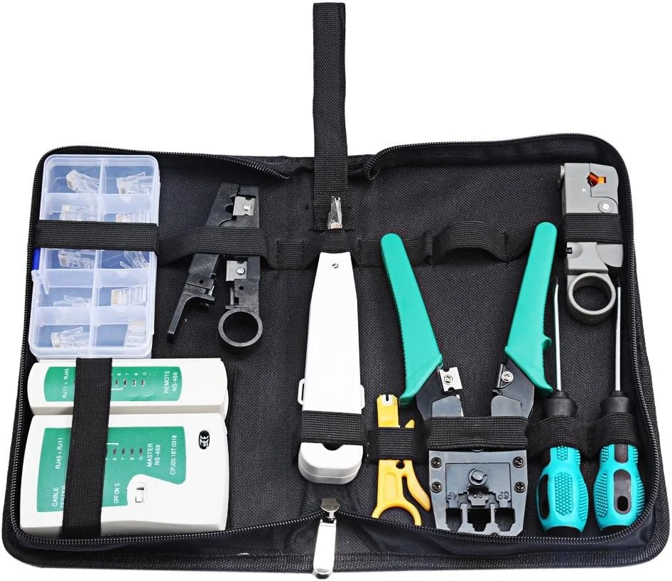 جعبه ابزار شبکه - کیت 11 در 1 حرفه ای شبکه اترنت LAN شامل تستر کابل، ابزار تعمیر و نگهداری کامپیوتر به همراه کیف زیپ دار