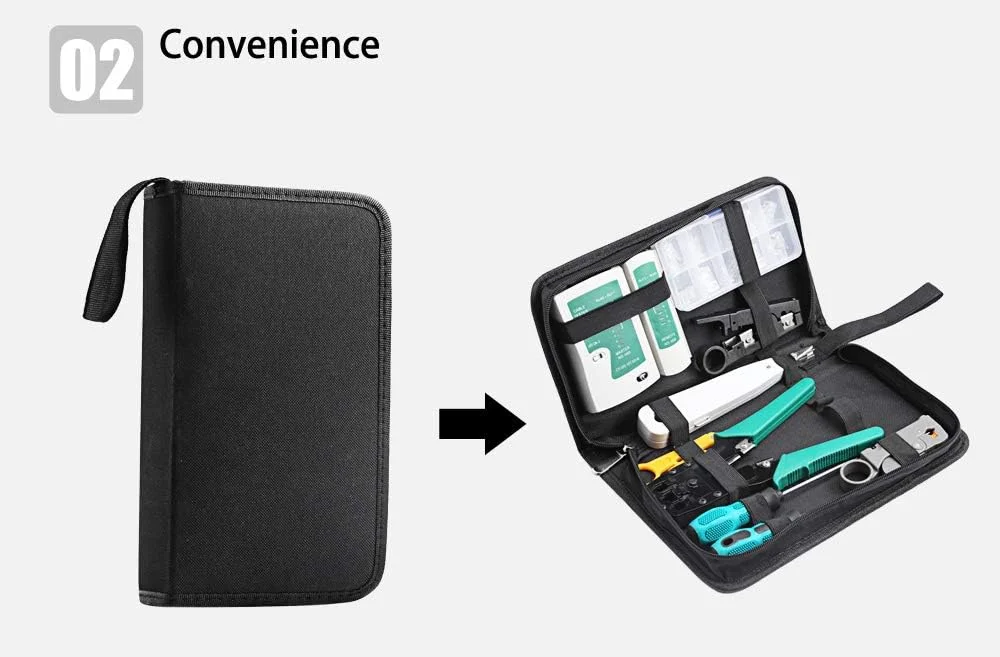 جعبه ابزار شبکه - کیت 11 در 1 حرفه ای شبکه اترنت LAN شامل تستر کابل، ابزار تعمیر و نگهداری کامپیوتر به همراه کیف زیپ دار