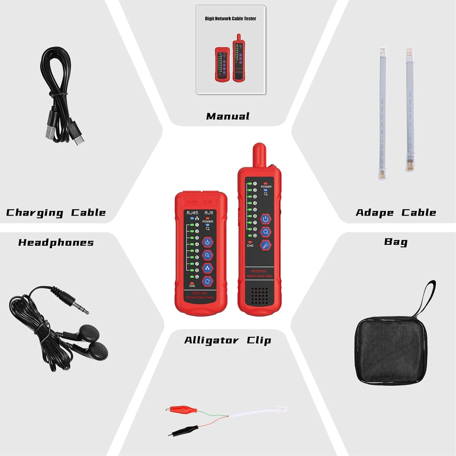 تستر کابل شبکه با جک هدفون اترنت، ابزار تست کابل اترنت با پورت RJ45 RJ11، ردیاب خط CAT5 CAT6 NCV، ابزارهای شبکه LAN، قرمز