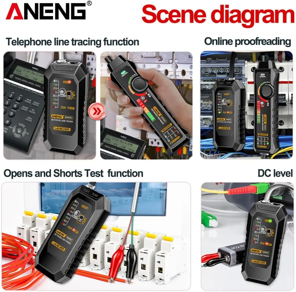 تستر کابل شبکه هوشمند M469C RJ45 RJ11، ردیاب سیم و ابزار تعمیر شبکه با جعبه - مشکی