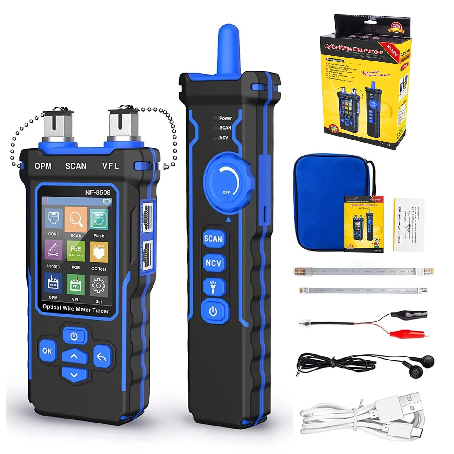 تستر و ردیاب کابل شبکه با توان‌سنج نوری VFL، RJ11 RJ45/PoE/CAT5 CAT6/اندازه‌گیری طول برای تلفن، اترنت، ویدئو، فیبر