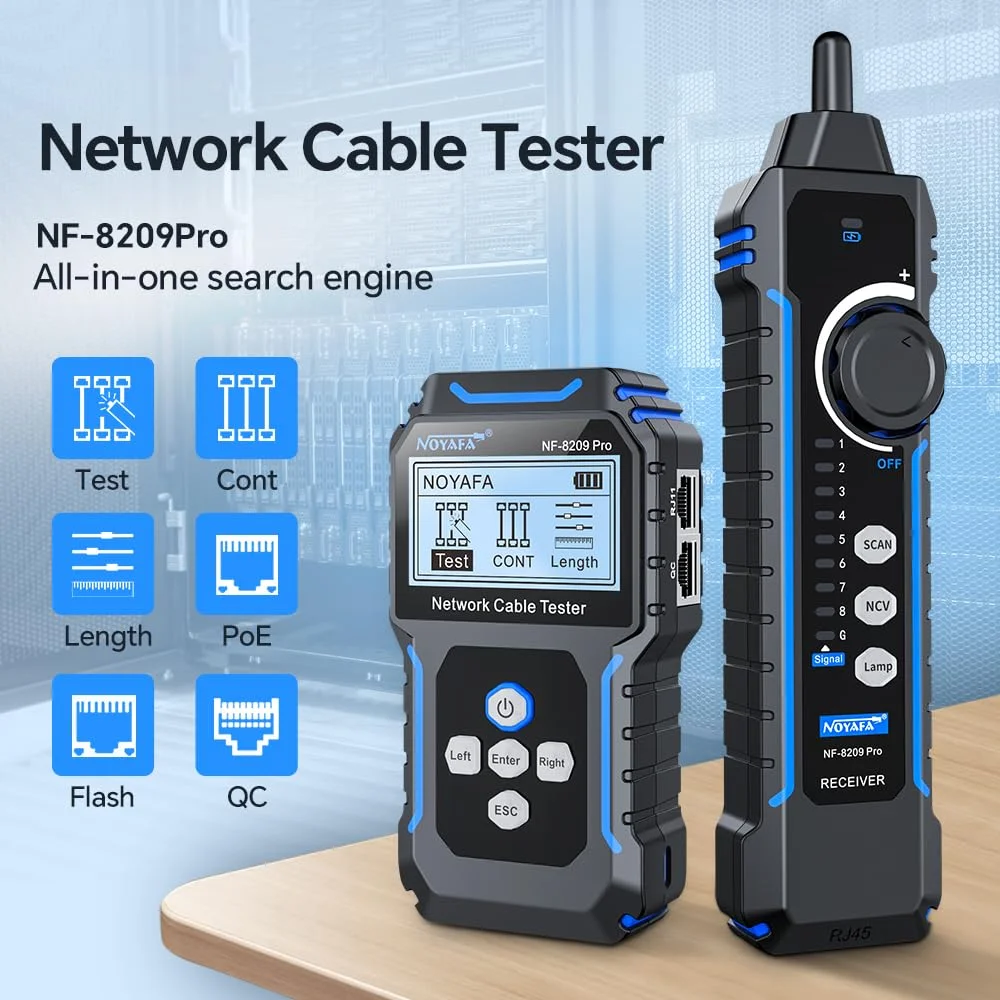 تستر کابل شبکه NF-8209Pro، تستر کابل اترنت با PoE، NCV، تست طول کابل، حالت دوگانه خط به خط، حالت اسکن خط بدون مشکل، چشمک زدن پورت، ردیاب CAT5، CAT6، ردیاب شبکه LAN