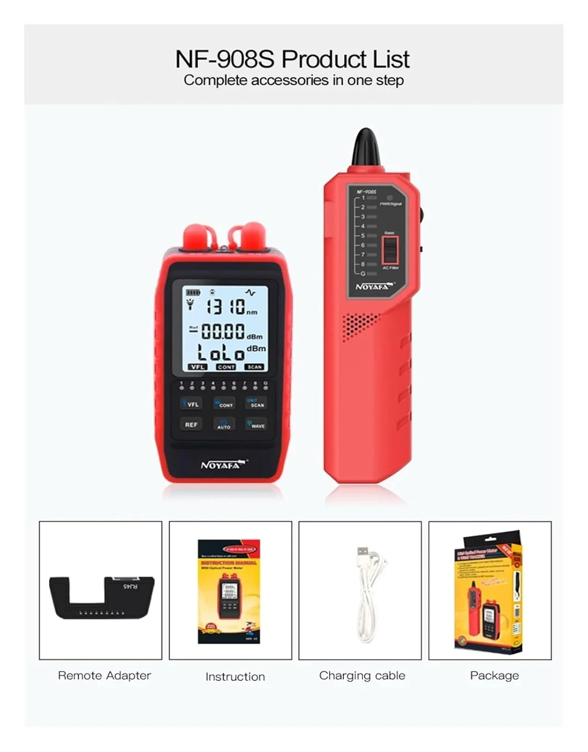 تستر توان فیبر نوری NF-908S اسکن FC SC ST -60~+8dbm، ردیاب بصری عیب، تست کابل شبکه، عیب یاب فیبر نوری