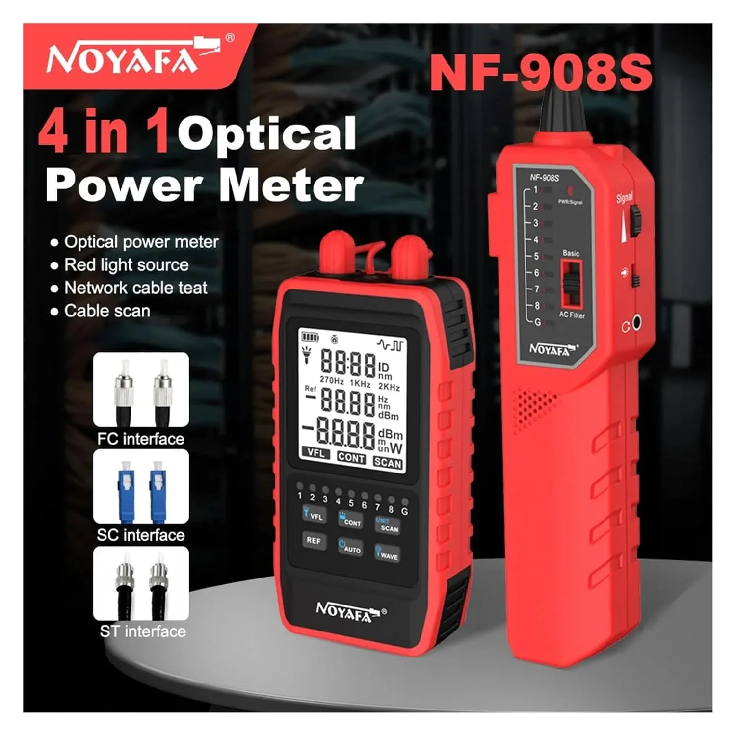 تستر توان فیبر نوری NF-908S اسکن FC SC ST -60~+8dbm، ردیاب بصری عیب، تست کابل شبکه، عیب یاب فیبر نوری