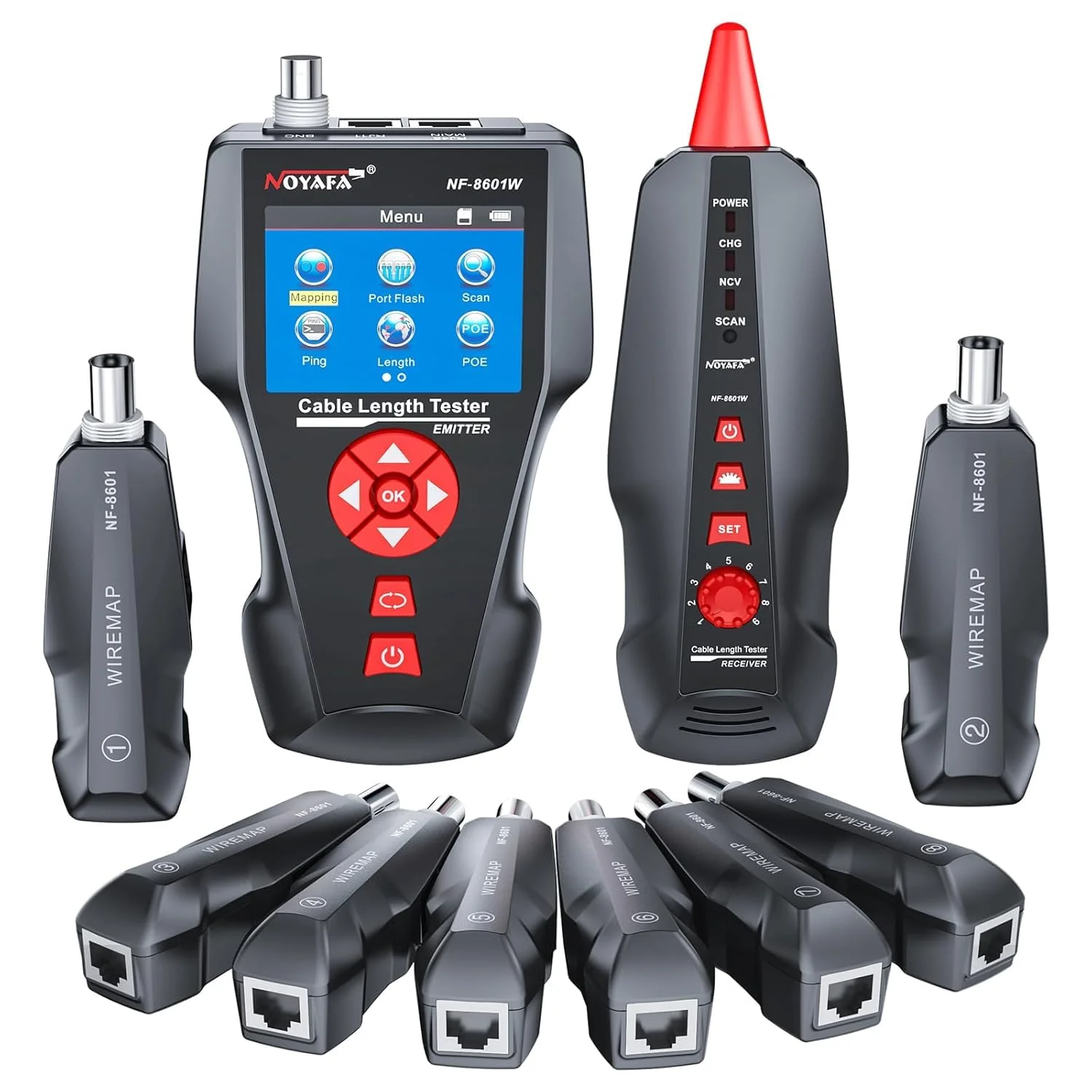 تستر کابل شبکه NF-8601W TDR LAN، تستر کابل اترنت RJ45 UTP STP، ردیاب سیم تلفن شناسایی کننده 8 پینگ/POE برای RJ45، RJ11، BNC