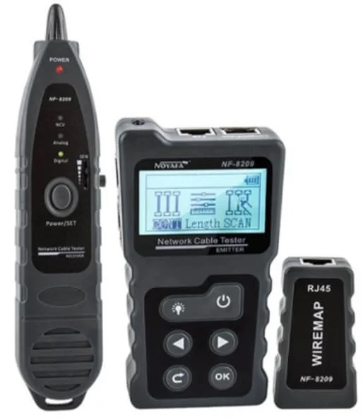 تستر پیشرفته کابل شبکه NF8209 با ردیاب صدا – تست پیوستگی کابل اترنت، PoE، اندازه گیری طول سیم، چشمک زن پورت و تشخیص ولتاژ