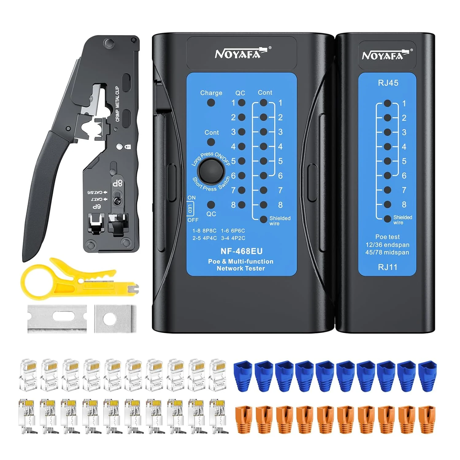 تستر کابل شبکه نویافا، کابل مپر، تستر POE، تستر پیوستگی کابل اترنت - RJ45/RJ11/CAT5/CAT6/CAT5E/CAT6A، خط تلفن CAT3 (کیت NF-468EU)